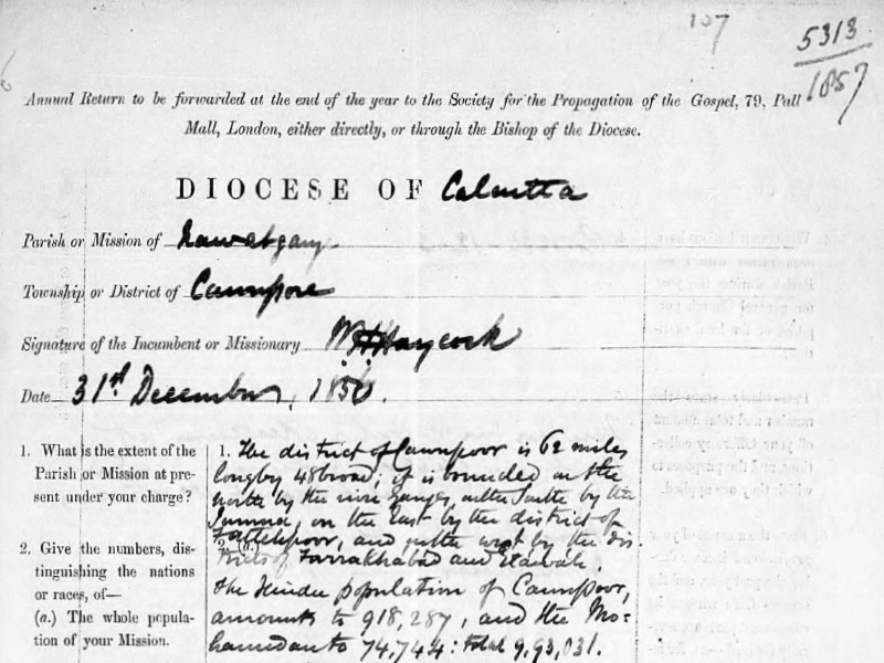 Section of an Annual return filled out in handwriting regarding the Diocese of Calcutta.