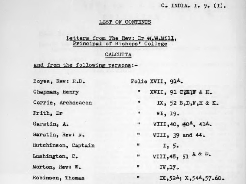 Section of a List of Contents regarding Letters from the Rev. Dr. W. M. Mill, Principle of Bishops' College.