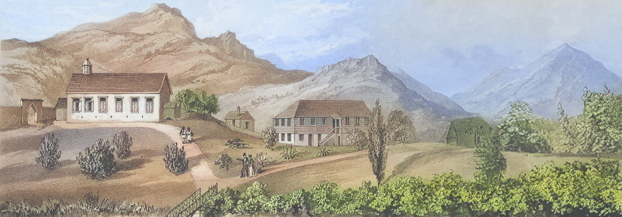 An illustration of two houses nestled within the mountains. Two sets of people walk along with path over the hill.
