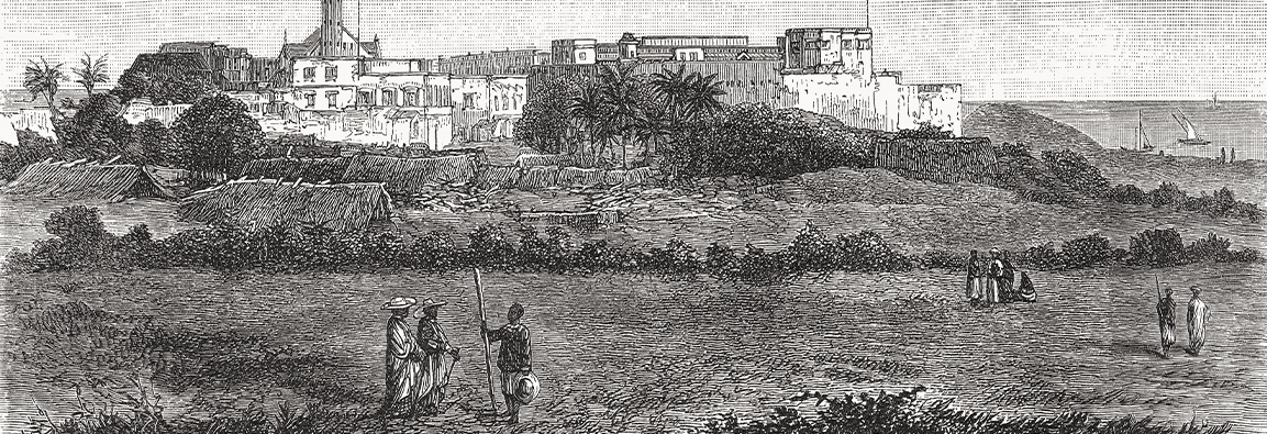 A wood engraving of Cape Coast Castle - one of around 35 historic forts on the Gold Coast (now Ghana), published in 1893.