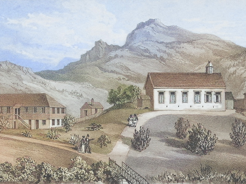 An illustration of two houses nestled within the mountains. Two sets of people walk along with path over the hill.