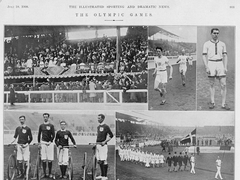 Section of an article from The Illustrated Sporting and Dramatic News titled The Olympic Games, dated 18 July 1908. Features five photographs of athletes and the crowd at the Olympic games.