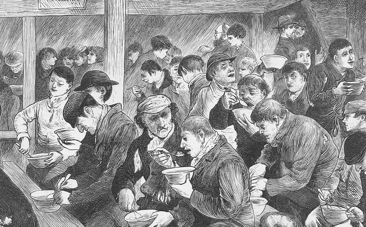A black and white illustration of a crowd of people. Some people are eating out of bowls.
