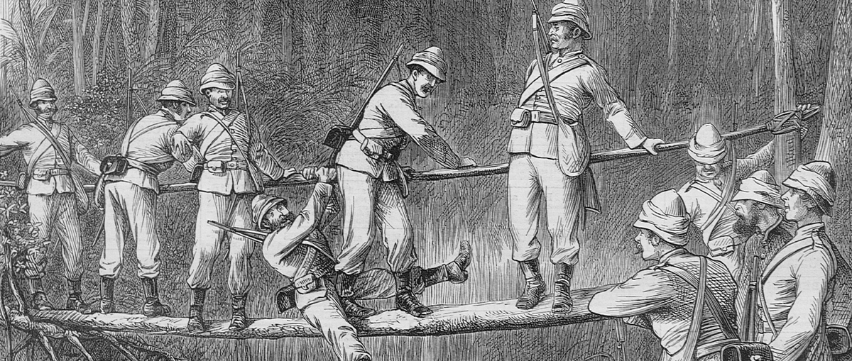 A black and white illustration of soldiers crossing a bridge made out of a log. One of the soldiers has fallen onto the log.