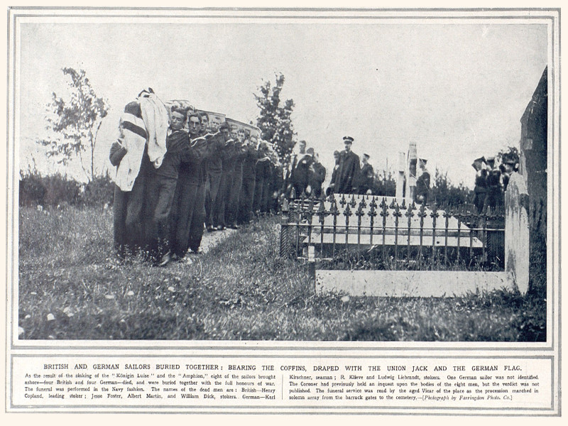 Greyscale photograph of coffins being carried to graves, with the caption British and German Sailors Buried Together: Bearing the Coffins, Draped with the Union Jack and German Flag.