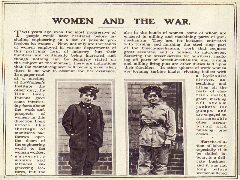 Section of an article titled Women and the War, featuring two photographs of women in military uniforms.