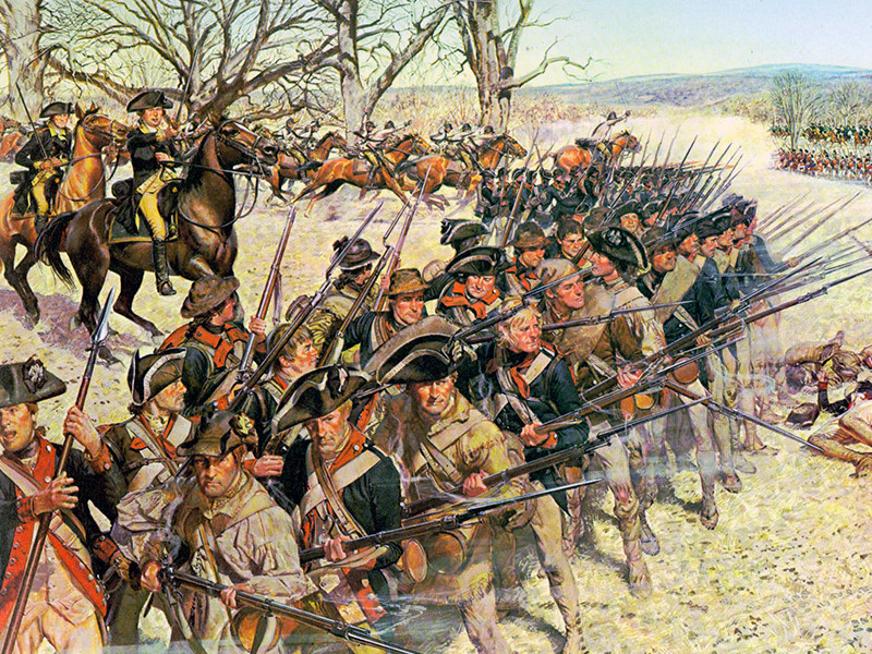 1781 painting by Charles McBarron titled Soldiers of the American Revolution, depicting the Battle of Guildford Court House.