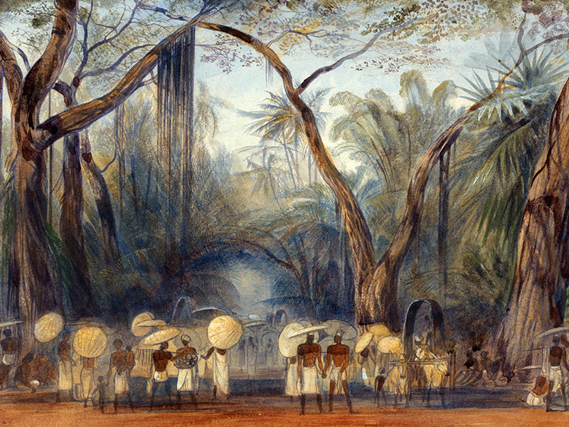 Painting titled Coolies on the Road near Kalicut. Malabar by Edward Lear, depicting people gathered by a river.