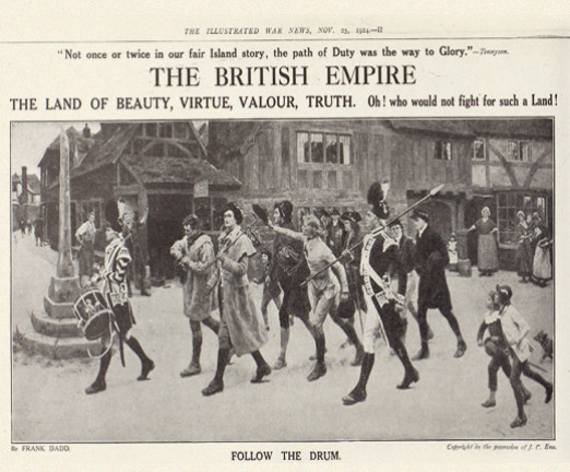 A clipping from The Illustrated War News. There is a photograph of people following a procession through a town, in which a drum is being played. At the top, The British Empire is written in large font.