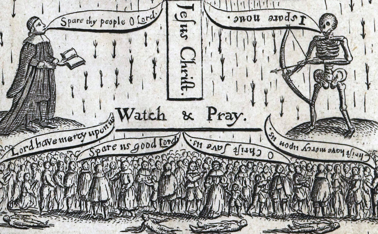 A black and white plague illustration with the words Watch & Pray.