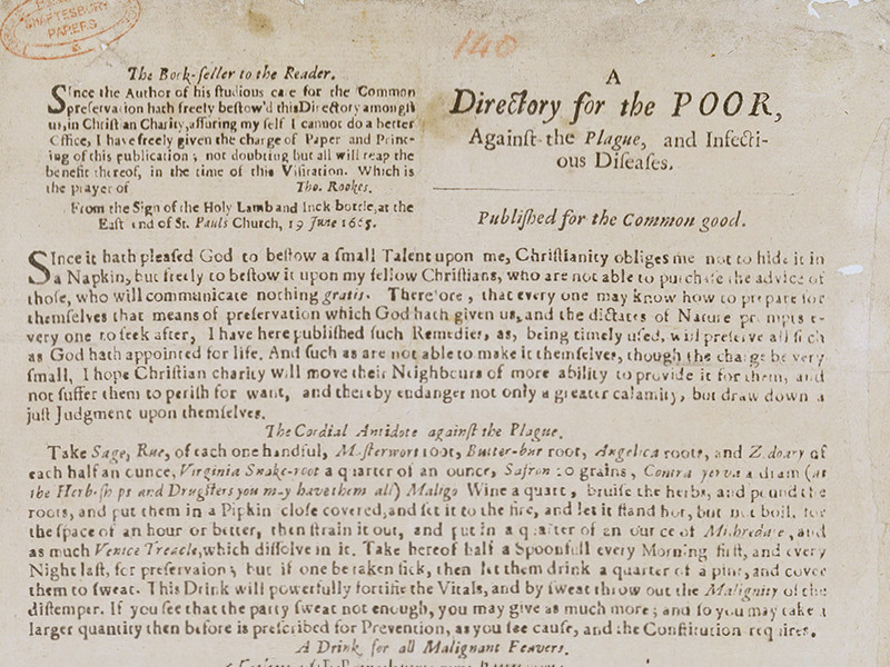 A Directory for the Poor describing how to avoid and treat infections, including plague