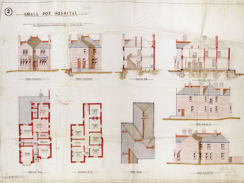 Illustrations of a smallpox hospital from various angles