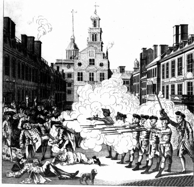 Black and white print by Paul Revere depicting the Boston massacre.