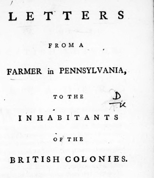 Cover of a document titled Letters from a Farmer in Pennsylvania to the Inhabitants of the British Colonies.