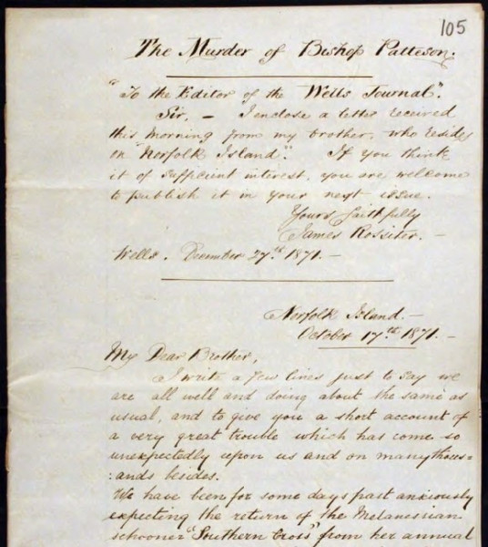 Section of a handwritten account titled The Murder of Bishop Patteson, dated 27 December 1871. Beneath is a handwritten letter addressed to My Dear Brother, dated 17 October 1871.
