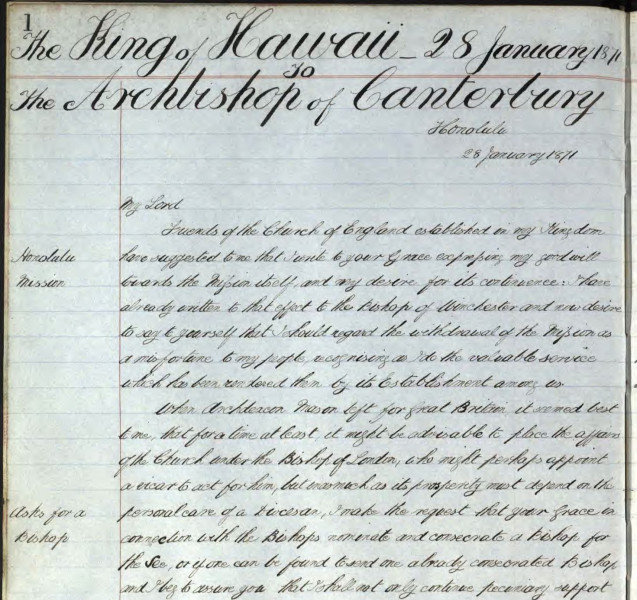 Section of a handwritten letter from the King of Hawaii to the Archbishop of Canterbury, dated 28 January 1871.