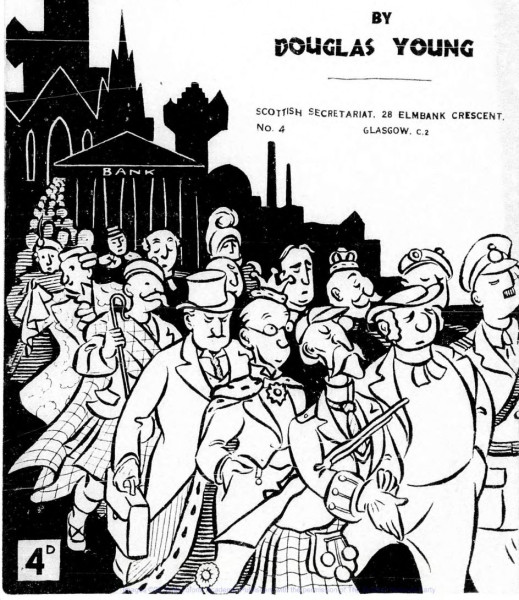 Cartoon depicting several upper-class people walking away from a grand-looking building next to a Bank, with a title reading by Douglas Young.