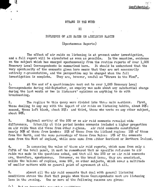 Page of a confidential report titled Straws in the Wind. II. Influence of Air Raids on Listening Habits.