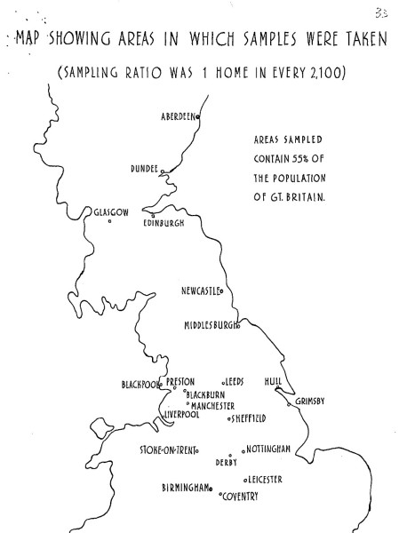 Map of Britain titled Map showing areas in which samples were taken.