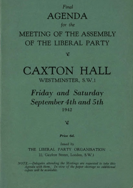 Green cover of a document titled Final Agenda for the Meeting of the Assembly of the Liberal Party, dated 4 and 5 September 1942.