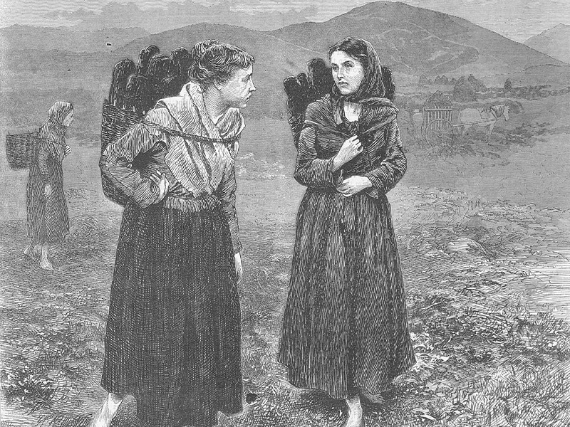 Illustration of two women carrying logs on their backs.