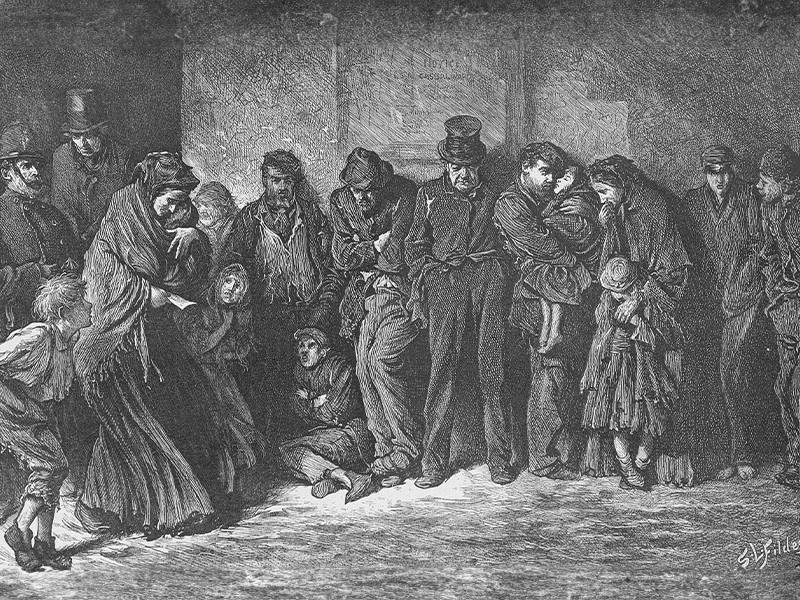 Illustration titled Houseless and Hungry, by Luke Fields, depicting several destitute people.