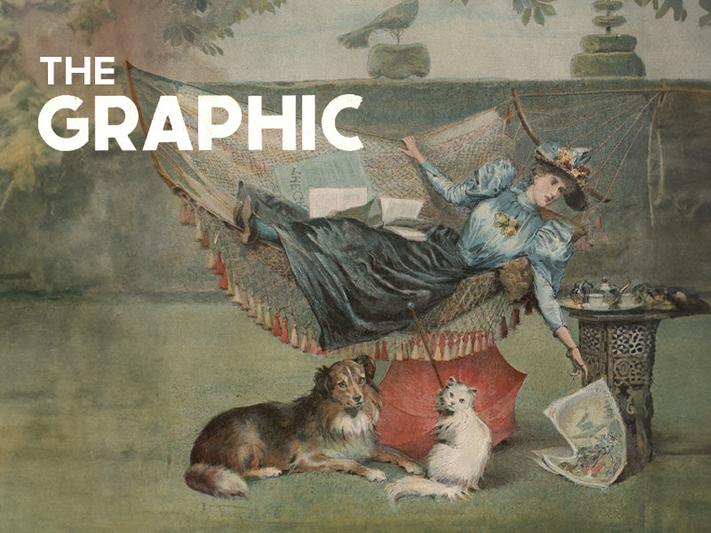 An illustration of a woman laid in a hammock reading a newspaper. Underneath her sit a dog and a cat. The top left of the image reads The Graphic in white letters.