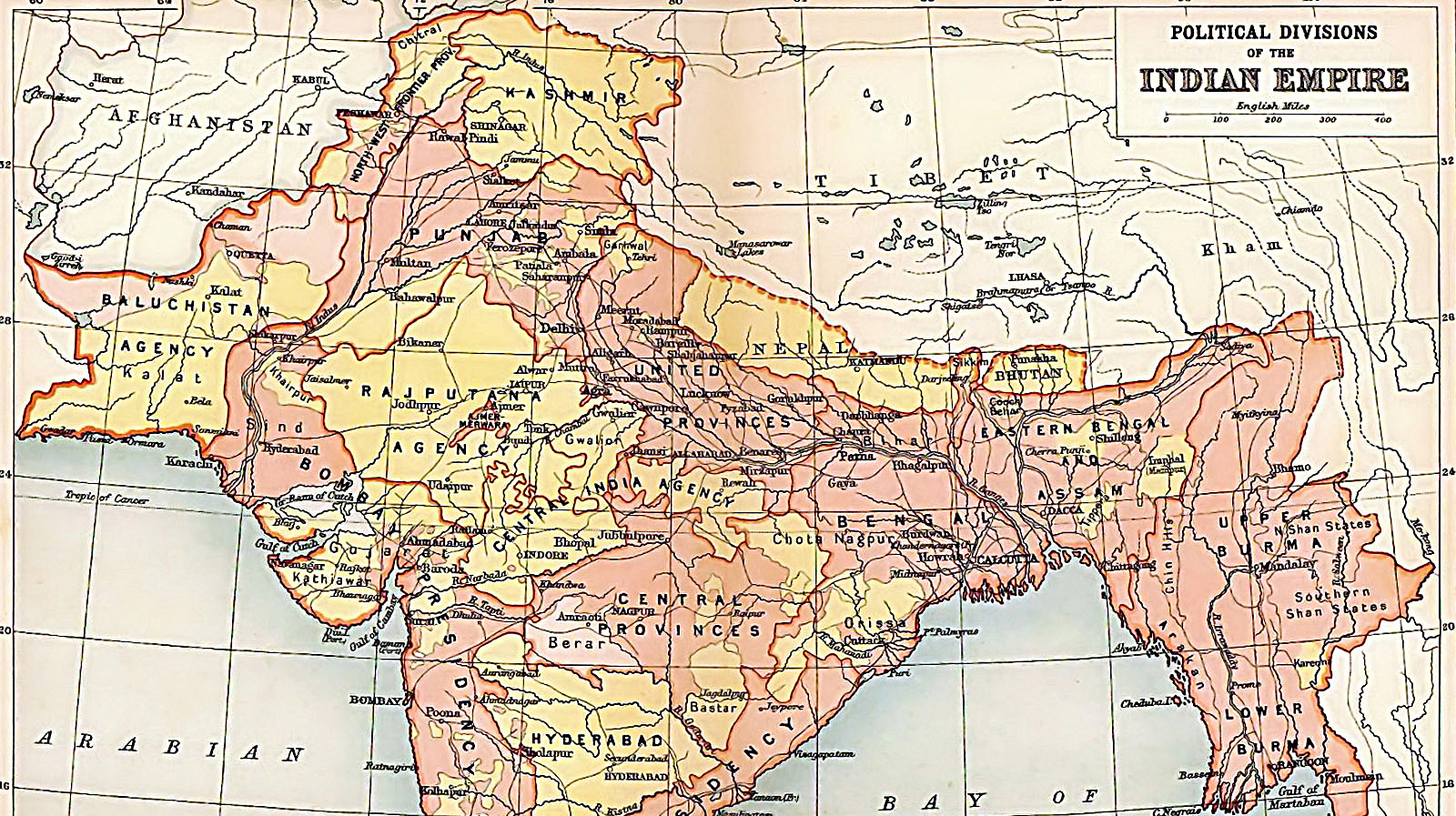 A map showing the political divisions of the Indian Empire.
