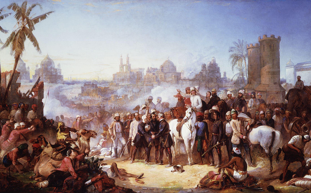An image of the painting The Relief of Lucknow, by Thomas Jones Barker. The siege of Lucknow was the prolonged defence of the British Residency within the city of Lucknow from rebel sepoys during the Indian Rebellion of 1857.