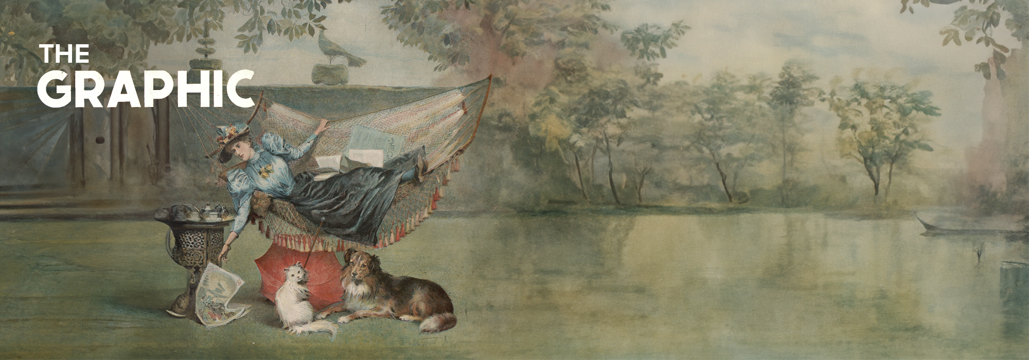 An illustration of a woman laid in a hammock reading a newspaper. Underneath her sit a dog and a cat. The top left of the image reads "The Graphic" in white letters.