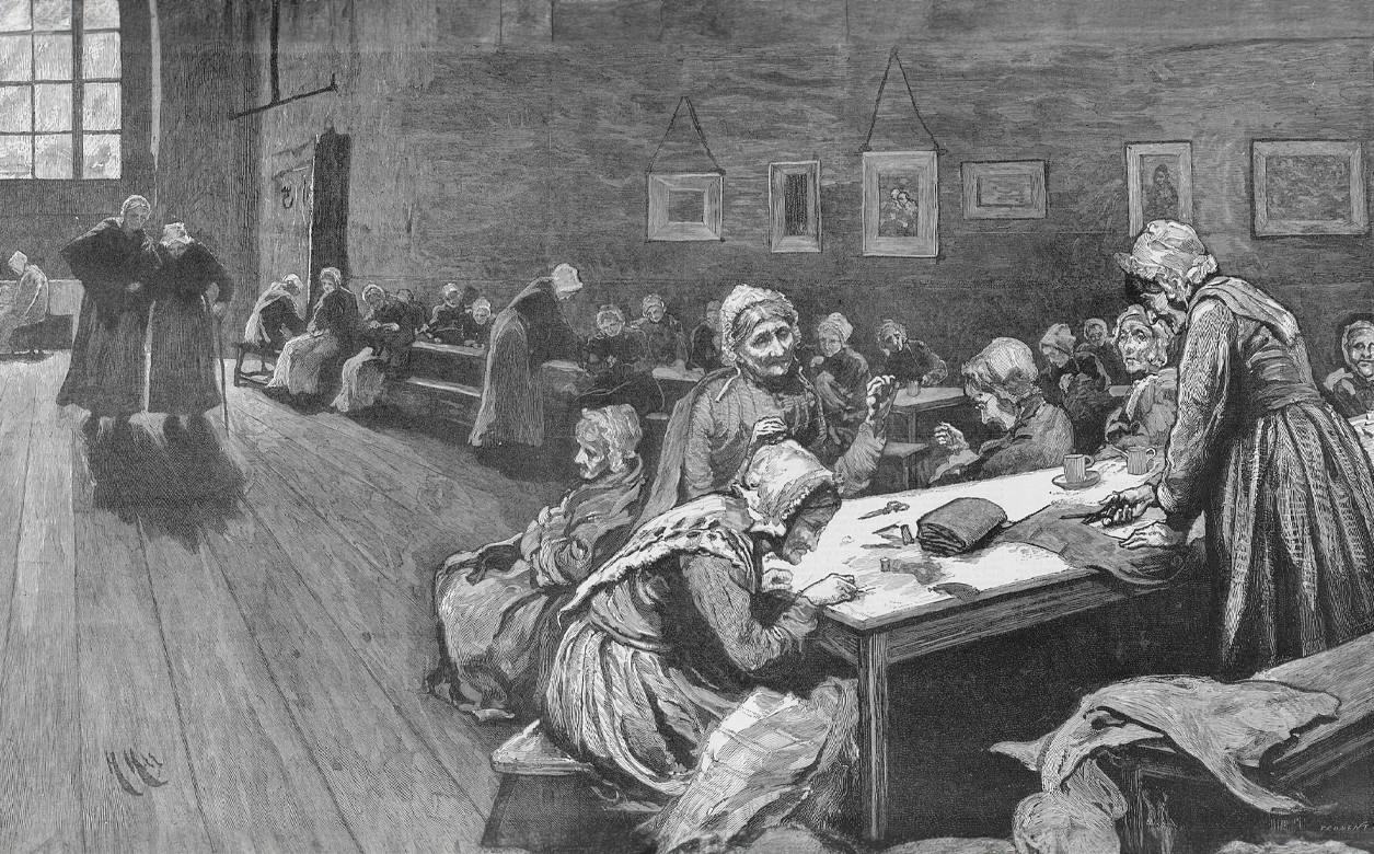 A black and white illustration showing groups of women sat at tables. Some women are cutting fabric and others are sewing. Some of the women look ill and/or elderly. In the background a woman is helping another lady to walk with a stick.