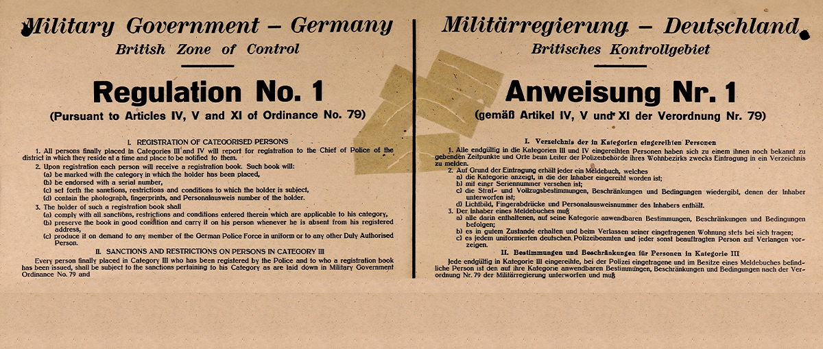An extract from a document with the title "Military Government - Germany, British Zone of Control, Regulation No. 1". On the right hand side the document is repeated in German.