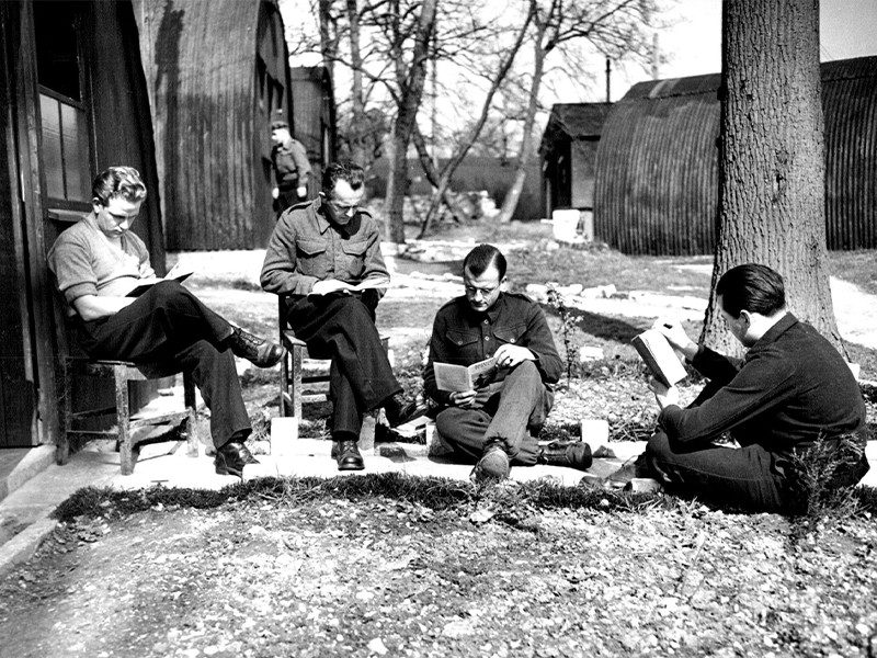 A black and white image of POWs at a re-education camp.