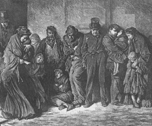 A black and white engraving from 1869 by Sir Luke Fildes. In it there are people huddled close together, wrapped up in coats and hats. They are waiting to be admitted to a lodging house.