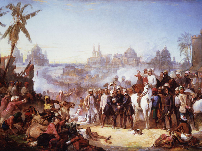 An image of the painting The Relief of Lucknow, by Thomas Jones Barker. The siege of Lucknow was the prolonged defence of the British Residency within the city of Lucknow from rebel sepoys during the Indian Rebellion of 1857.