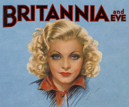 A blue background with the illustration of a young woman with blonde curly hair. Above her portrait, the title Britannia and Eve is written.