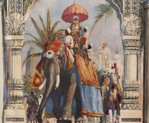An illustration of people sat atop an elephant in ornamental dress.