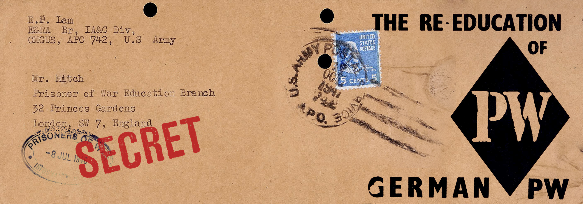 Beige background with black lettering. On the left is the top of a letter being posted to the Prisoner of War Education Branch, stamped with a red SECRET stamp. On the right it reads "The Re-education of German PW".