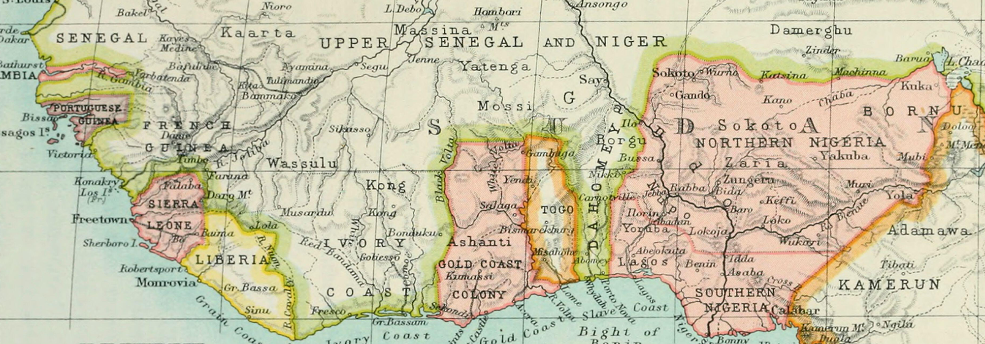 A map from 1910 of British West Africa, focusing on the Gold Coast and Togo.