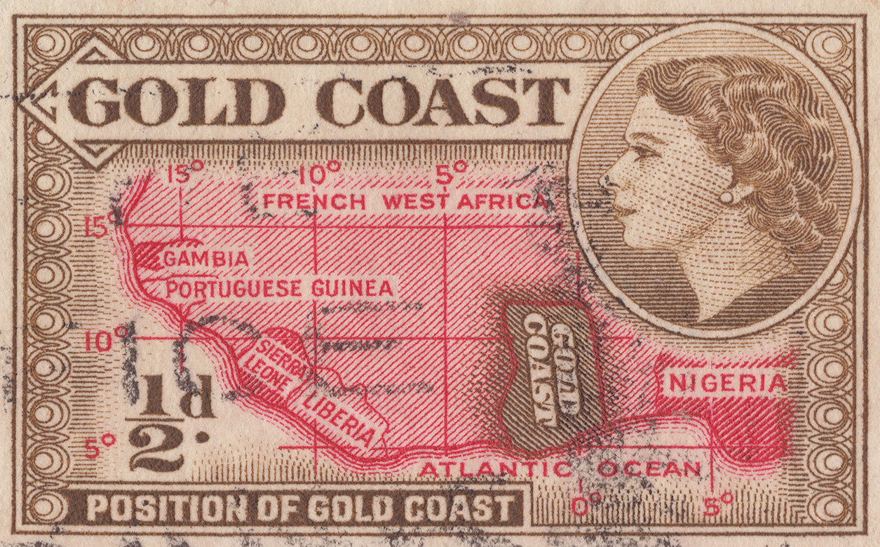 An ½ penny (1952) yellow-brown and carmine postage stamp depicting portrait of Queen Elizabeth II as Queen of Ghana and a Map of West Africa.