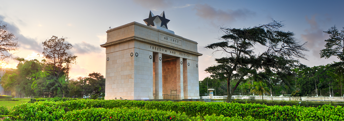 An image of the Independence Memorial Arch at Independence Square in the center of Accra.