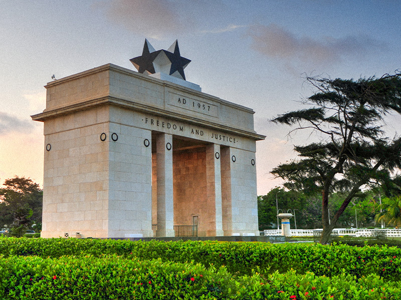 An image of the Independence Memorial Arch at Independence Square in the center of Accra.