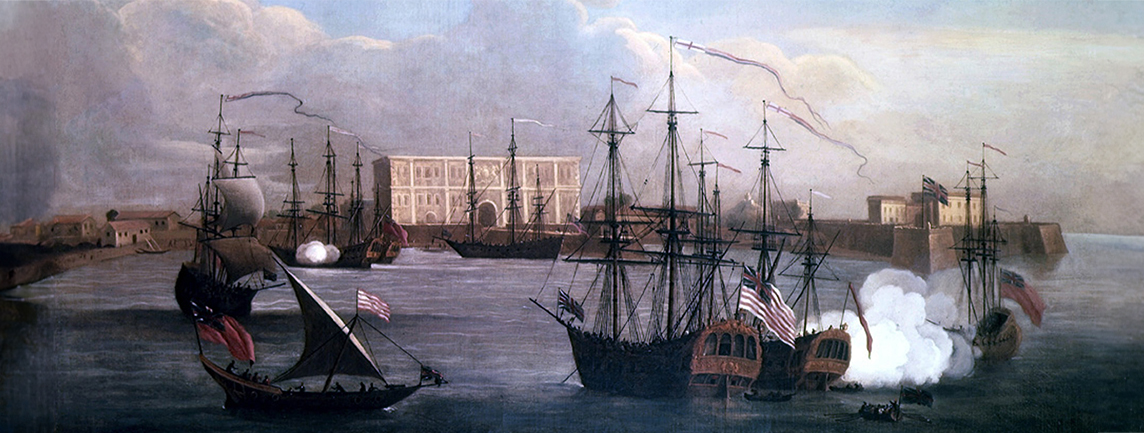 Painting of the East India Company's settlement in Bombay and ships in Bombay Harbour.