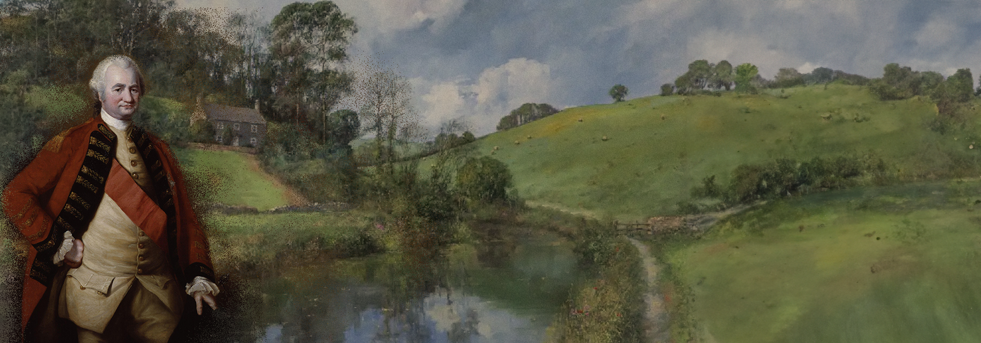 A painting of the first British Governor of the Bengal Presidency, Robert Clive in front of a background of fields and a river.