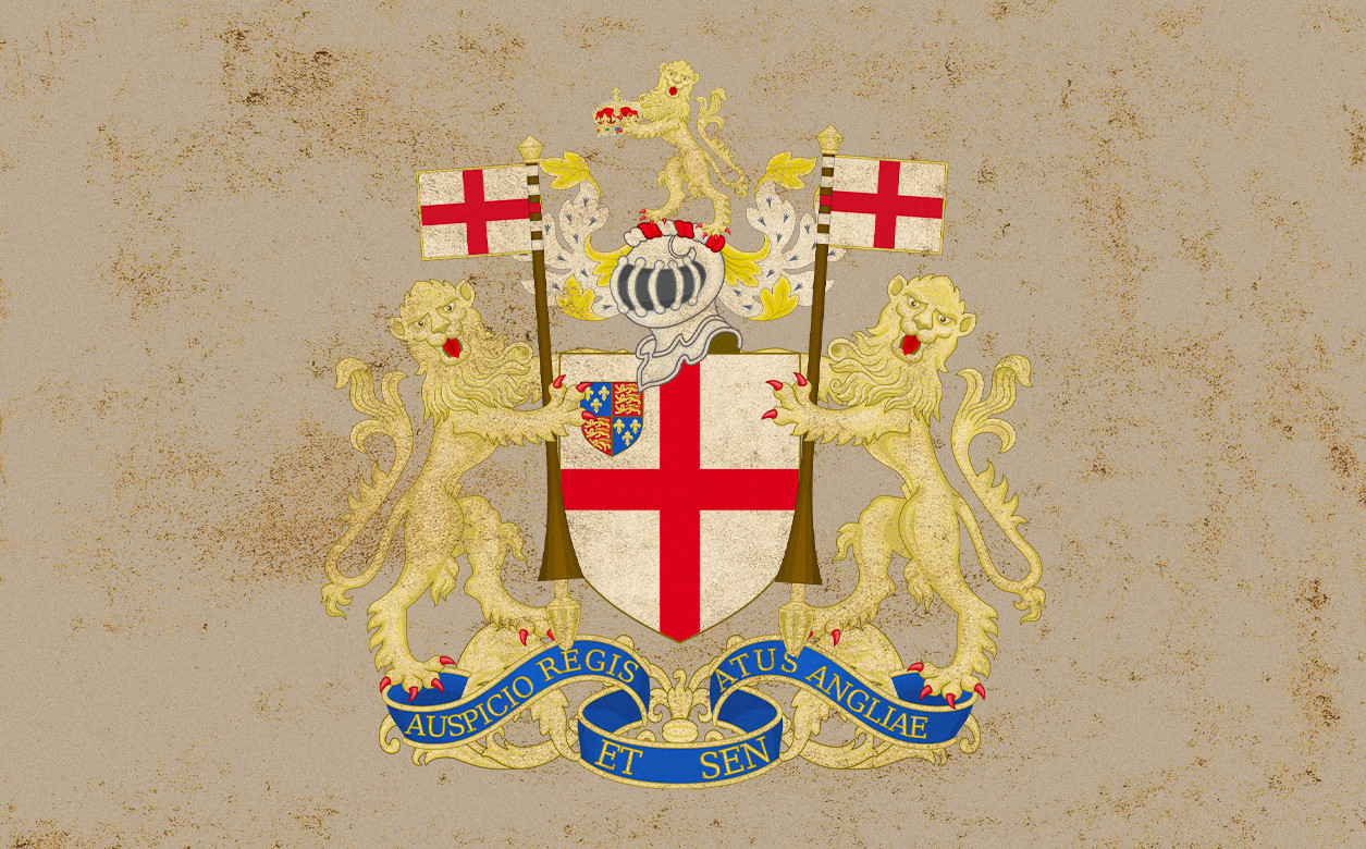 The coat of arms of the East India Company. Two lions surrounding a crest of the England flag.
