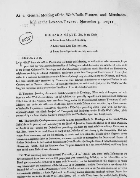 Page of a report regarding A General Meeting of the West-India Planters and Merchants, dated 3 November 1791.