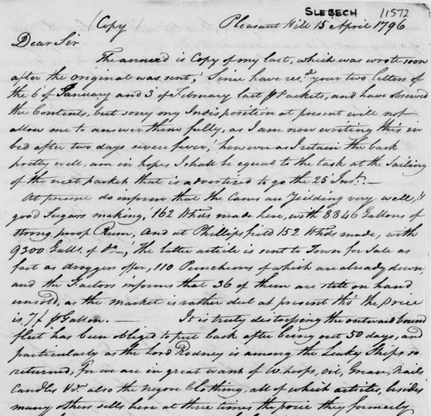 Handwritten copy of a letter dated 15 April 1796.