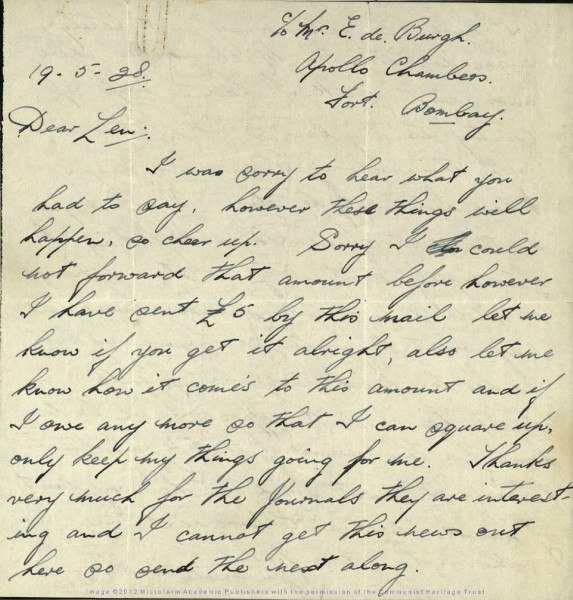 Section of a handwritten letter dated 19 May 1928.