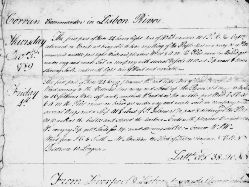 Section of a handwritten log book, including entries dated 3 December and 4 December 1789.