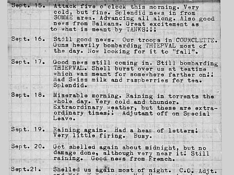 Section of a typed diary covering the dates 15 September to 21 September.